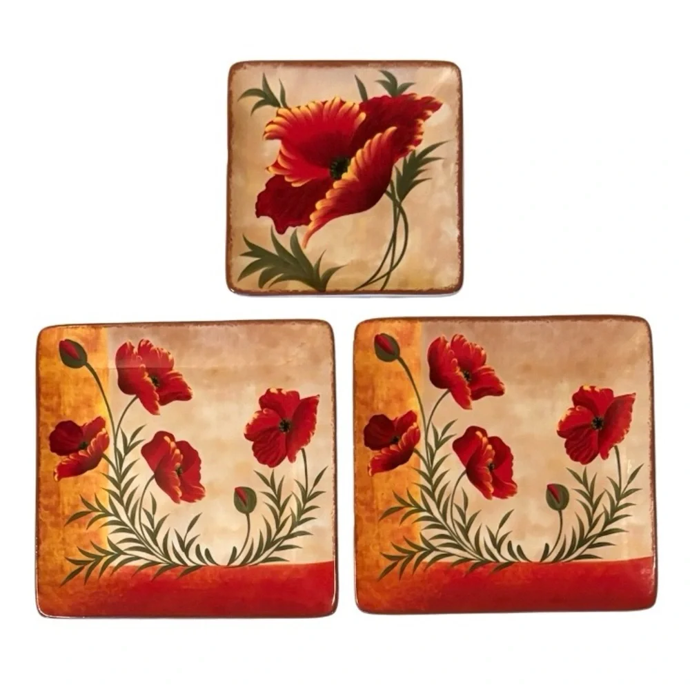 Pier 1 Poppies Plates Set Hand Painted Earthenware 3 Pc Set Red Yellow Cream Tan